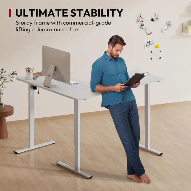 Alt view image 4 of 7 - Electric Height Adjustable 3 Leg Corner Desk Frame, up to 220lbs, Sit Stand Ergonomic L Shaped Frame Only, White