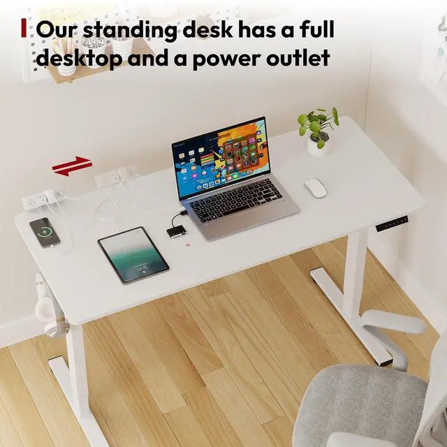 Alt view image 3 of 7 - Electric Standing Desk with Desk Clamp Power Strip 55"x 28" Whole-Piece Desktop Height Adjustable Stand Up Desk with Cable Management Sit Stand Home Office Desk White Frame/White Top