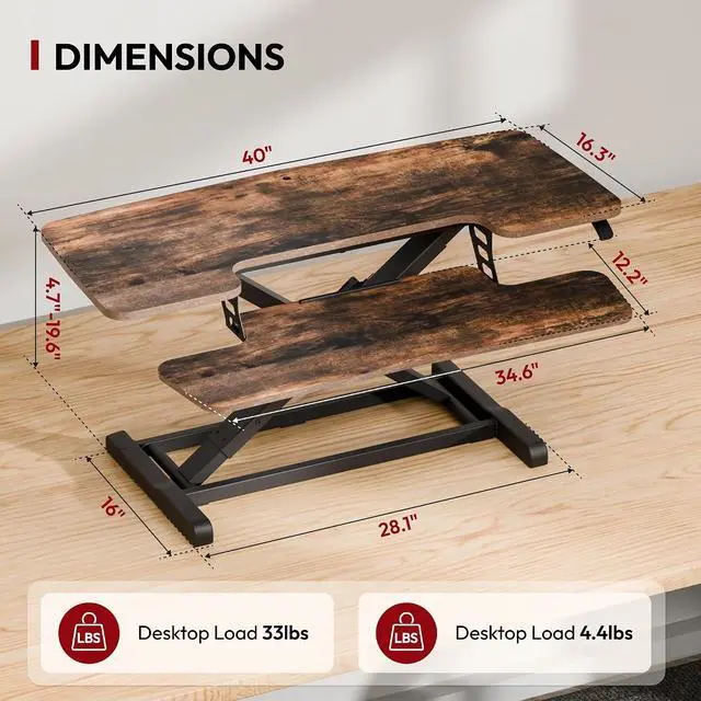 Alt view image 2 of 7 - 40" Standing Desk Converter, Effortless Lift Sit-Stand Desk Riser for Dual Monitors, Large Ergonomic Computer Workstation Tabletop, Rustic Brown
