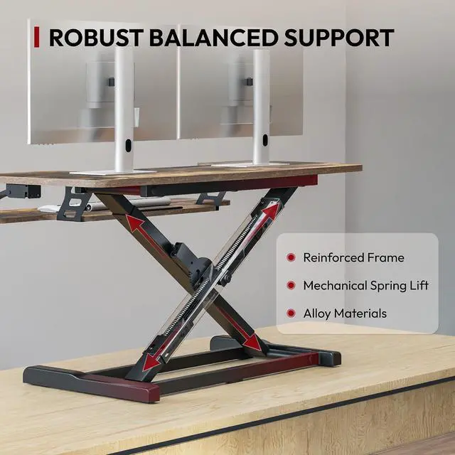 Alt view image 3 of 7 - 40" Standing Desk Converter, Effortless Lift Sit-Stand Desk Riser for Dual Monitors, Large Ergonomic Computer Workstation Tabletop, Rustic Brown