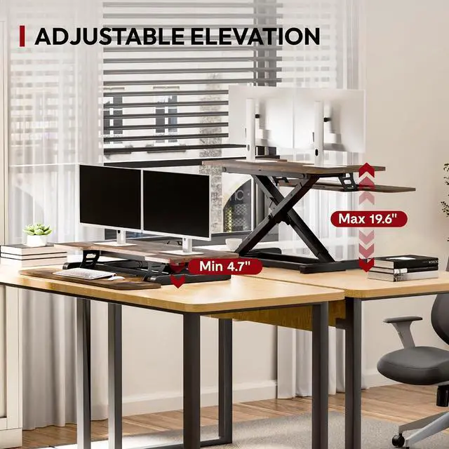 Alt view image 4 of 7 - 40" Standing Desk Converter, Effortless Lift Sit-Stand Desk Riser for Dual Monitors, Large Ergonomic Computer Workstation Tabletop, Rustic Brown
