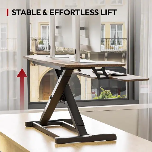 Alt view image 5 of 7 - 40" Standing Desk Converter, Effortless Lift Sit-Stand Desk Riser for Dual Monitors, Large Ergonomic Computer Workstation Tabletop, Rustic Brown