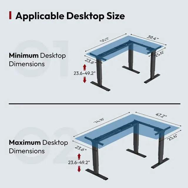 Alt view image 3 of 7 - Electric Height Adjustable 3-Leg L Shaped Standing Desk Frame, Support up to 330lbs, Sit Stand Ergonomic L Desk Frame Only, Black
