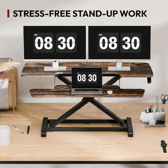 Alt view image 7 of 7 - 40" Standing Desk Converter, Effortless Lift Sit-Stand Desk Riser for Dual Monitors, Large Ergonomic Computer Workstation Tabletop, Rustic Brown