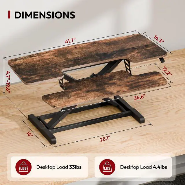 Alt view image 2 of 7 - 42" Extra Large Standing Desk Converter, Effortless Lift Sit-Stand Riser, Heavy Duty Multi-Device Workstation, Spacious Ergonomic Desktop Riser, Rustic Brown