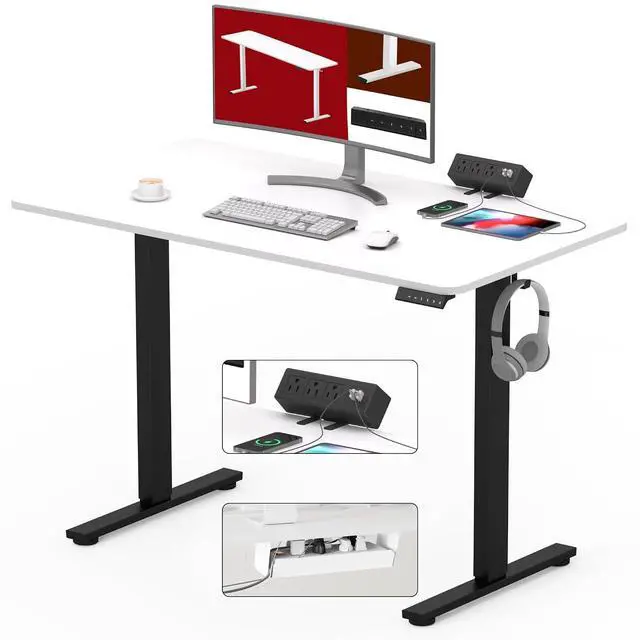 Main image of Electric Standing Desk with Desk Clamp Power Strip 40"x 24" Whole-Piece Desktop Height Adjustable Stand Up Desk with Cable Management Sit Stand Home Office Desk Black Frame/White Top