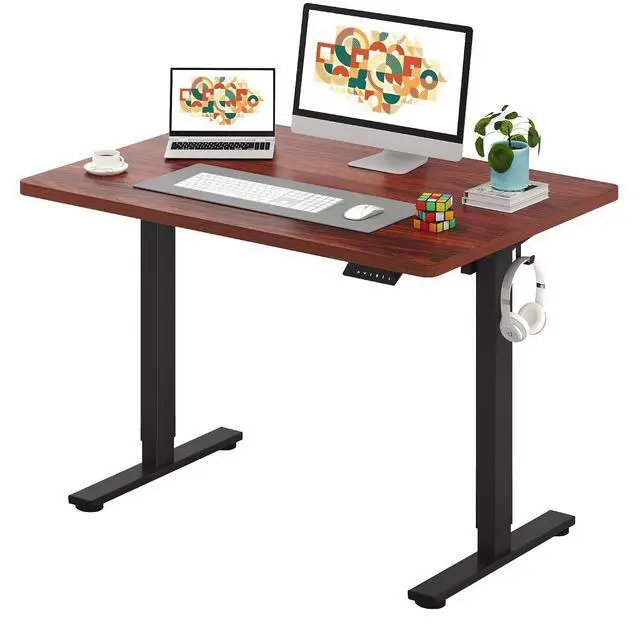 Main image of One-Piece Electric Standing Desk, Seamless 48 x 30'' Ergonomic Height Adjustable Sit Stand Desk with Memory Presets for Home Office Computer Workstation, Black Frame/Mahogany Top