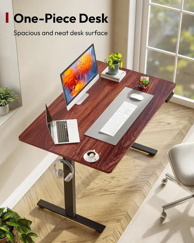 Alt view image 2 of 7 - One-Piece Electric Standing Desk, Seamless 48 x 30'' Ergonomic Height Adjustable Sit Stand Desk with Memory Presets for Home Office Computer Workstation, Black Frame/Mahogany Top