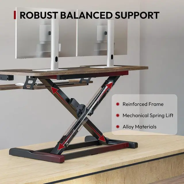 Alt view image 3 of 7 - 42" Extra Large Standing Desk Converter, Effortless Lift Sit-Stand Riser, Heavy Duty Multi-Device Workstation, Spacious Ergonomic Desktop Riser, Rustic Brown