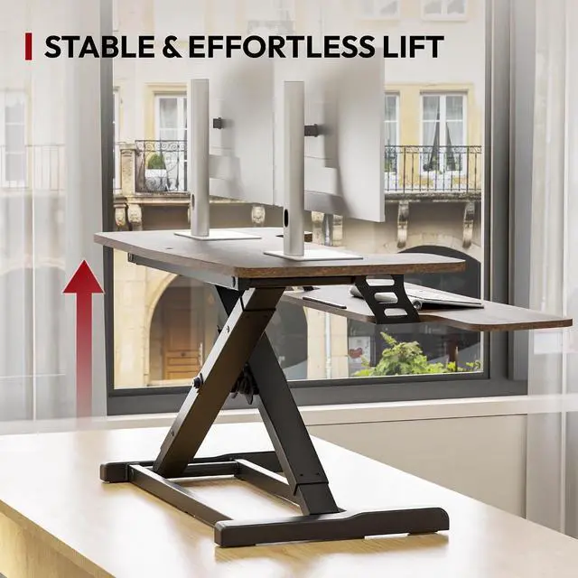 Alt view image 5 of 7 - 42" Extra Large Standing Desk Converter, Effortless Lift Sit-Stand Riser, Heavy Duty Multi-Device Workstation, Spacious Ergonomic Desktop Riser, Rustic Brown