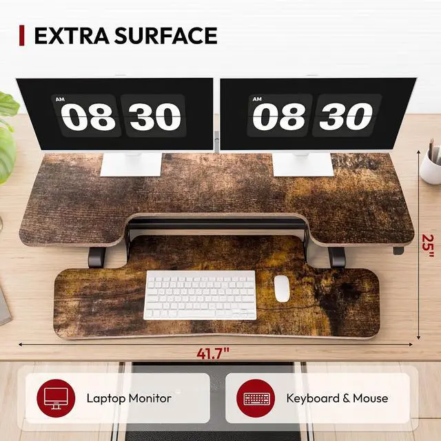 Alt view image 6 of 7 - 42" Extra Large Standing Desk Converter, Effortless Lift Sit-Stand Riser, Heavy Duty Multi-Device Workstation, Spacious Ergonomic Desktop Riser, Rustic Brown
