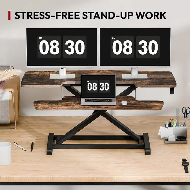 Alt view image 7 of 7 - 42" Extra Large Standing Desk Converter, Effortless Lift Sit-Stand Riser, Heavy Duty Multi-Device Workstation, Spacious Ergonomic Desktop Riser, Rustic Brown
