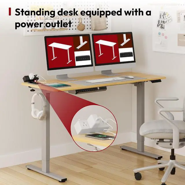 Alt view image 5 of 7 - Electric Standing Desk with Desk Clamp Power Strip 55"x 28" Whole-Piece Desktop Height Adjustable Stand Up with Cable Management Sit Stand Home Office Desk Silver Frame/Maple Top