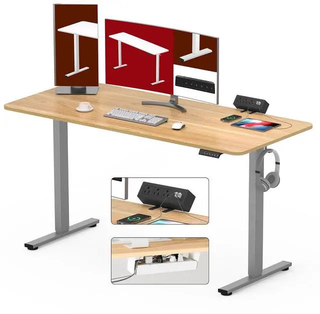 Main image of Electric Standing Desk with Desk Clamp Power Strip 60"x 24" Whole-Piece Desktop Height Adjustable Stand Up Desk with Cable Management Sit Stand Home Office Desk Silver Frame/Maple Top