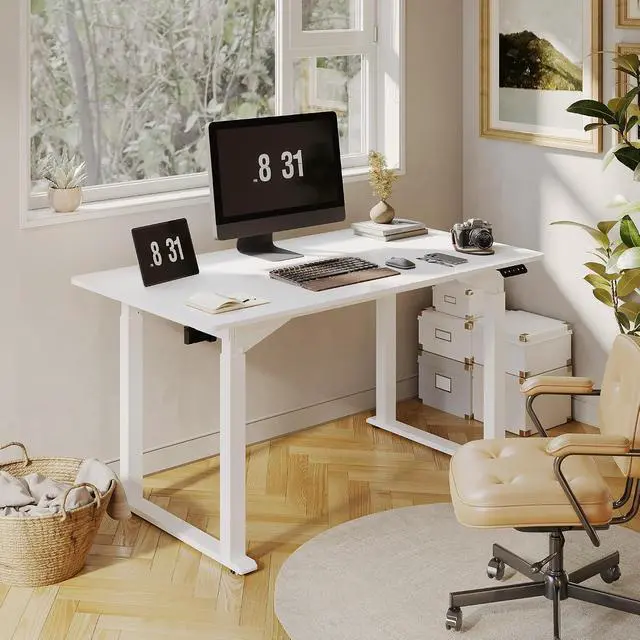 Alt view image 2 of 7 - 4-Leg Standing Desk, Electric Height Adjustable Desk with Memory Presets for Home Office, Stand up Desk Computer Workstation, 55x28 Inches White