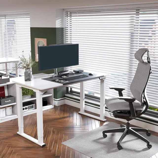 Alt view image 4 of 7 - 4-Leg Standing Desk, Electric Height Adjustable Desk with Memory Presets for Home Office, Stand up Desk Computer Workstation, 55x28 Inches White