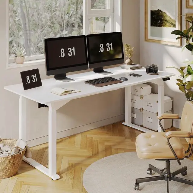 Alt view image 2 of 7 - 4-Leg Standing Desk, Electric Height Adjustable Desk with Memory Presets for Home Office, Stand up Desk Computer Workstation, 71x32 Inches White