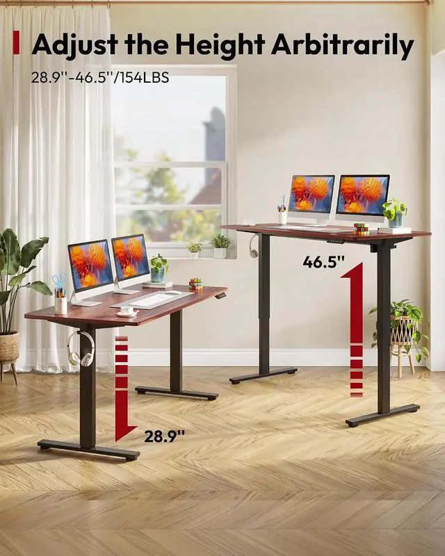 Alt view image 6 of 7 - One-Piece Electric Standing Desk, Seamless 60 x 24'' Ergonomic Height Adjustable Sit Stand Desk with Memory Presets for Home Office Computer Workstation, Black Frame/Mahogany Top