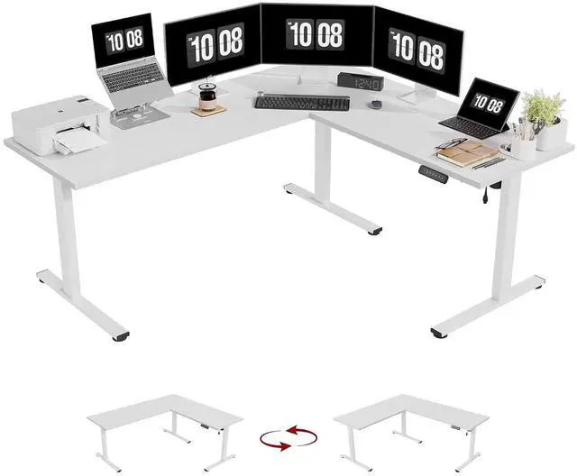 Main image of Electric Corner L-Shaped 71 x 63 in Standing Desk, Memory Height Adjustment, White Top White Frame