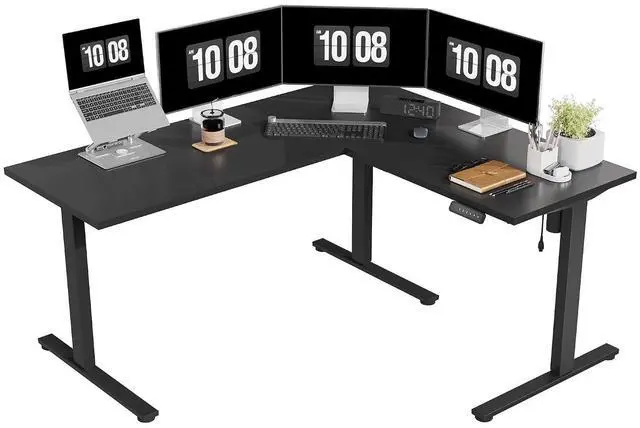 Main image of Electric Corner L-Shaped 63 x 55 in Standing Desk, Memory Height Adjustment, Black Top Black Frame