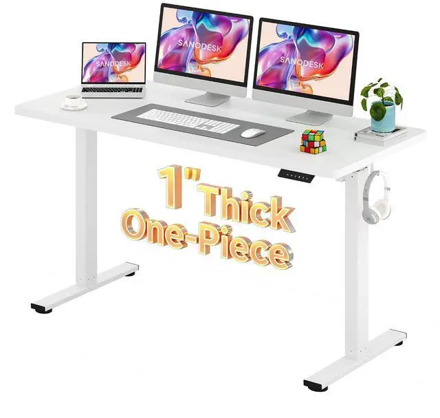 Main image of Electric Standing Desk 60 x 24 Inches Whole-Piece Desktop Height Adjustable Stand Up Desk w/6-Button Controller Ergonomic Computer Desk for Home Office, White Frame + White Tabletop