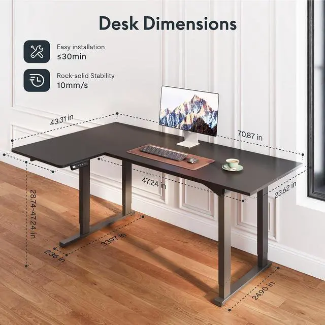 Alt view image 3 of 7 - 4-Leg L Shaped Standing Desk, Electric Height Adjustable Desk with Memory Presets for Home Office, Stand up Desk Computer Workstation, 78x43 Inches Black