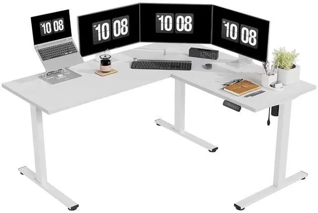 Main image of Electric Corner L-Shaped 63 x 55 in Standing Desk, Memory Height Adjustment, White Top White Frame