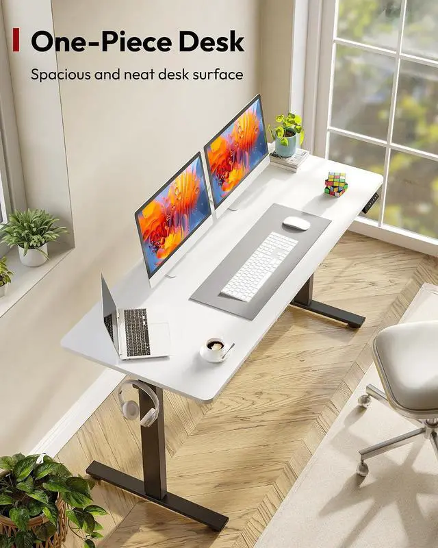 Alt view image 2 of 7 - One-Piece Electric Standing Desk, Seamless 60 x 24'' Ergonomic Height Adjustable Sit Stand Desk with Memory Presets for Home Office Computer Workstation, Black Frame/White Top
