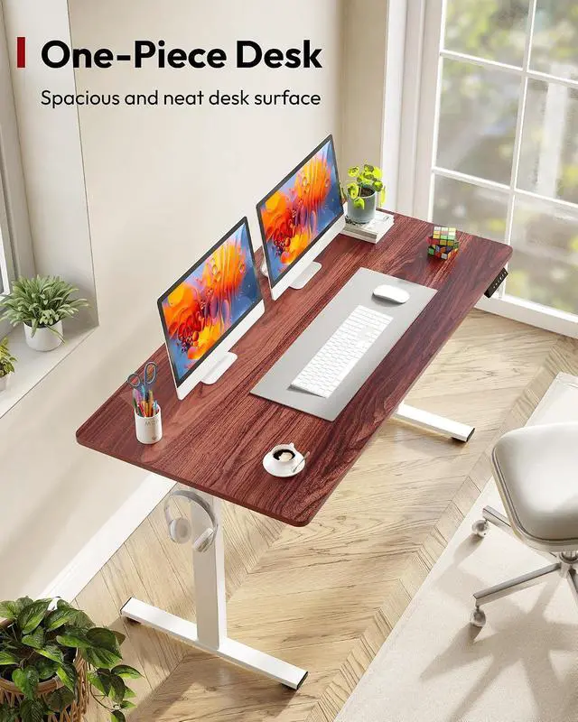 Alt view image 2 of 7 - One-Piece Electric Standing Desk, Seamless 55 x 28'' Ergonomic Height Adjustable Sit Stand Desk with Memory Presets for Home Office Computer Workstation, White Frame/Mahogany Top