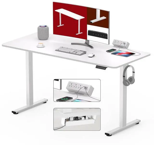 Main image of Electric Standing Desk with Desk Clamp Power Strip 48"x 24" Whole-Piece Desktop Height Adjustable Stand Up Desk with Cable Management Sit Stand Home Office Desk White Frame/White Top