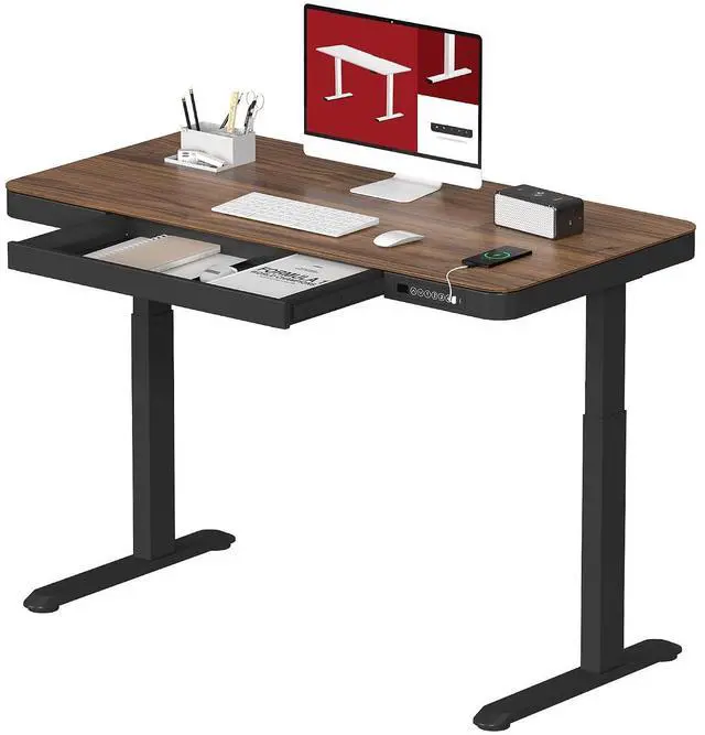 Main image of Standing Desk with Drawer, Electric Height Adjustable Home Office Desk with Storage & USB Ports, 48 inch Black Walnut Wood Tabletop/Black Frame