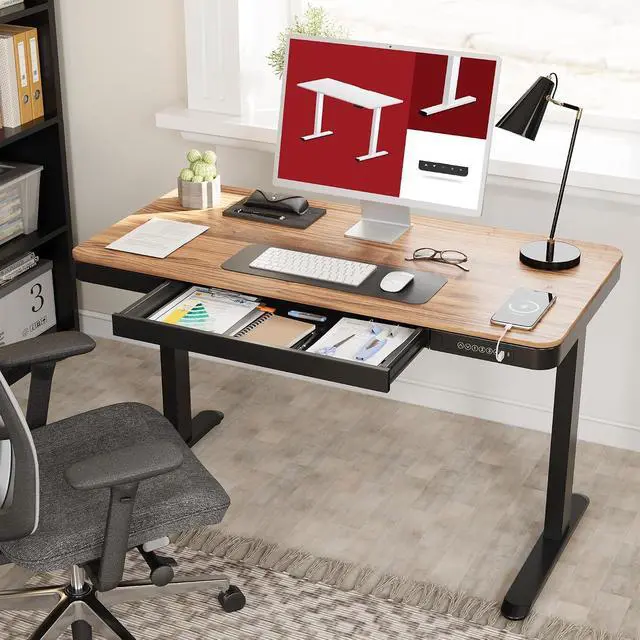 Alt view image 2 of 7 - Standing Desk with Drawer, Electric Height Adjustable Home Office Desk with Storage & USB Ports, 48 inch Black Walnut Wood Tabletop/Black Frame
