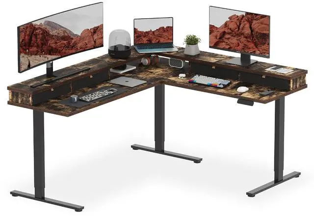 Main image of 71" L Shaped Standing Desk with 4 Drawers, Height Adjustable Stand up Desk, Corner Gaming Desk with Monitor Stand, Black Frame/Rustic Brown Top