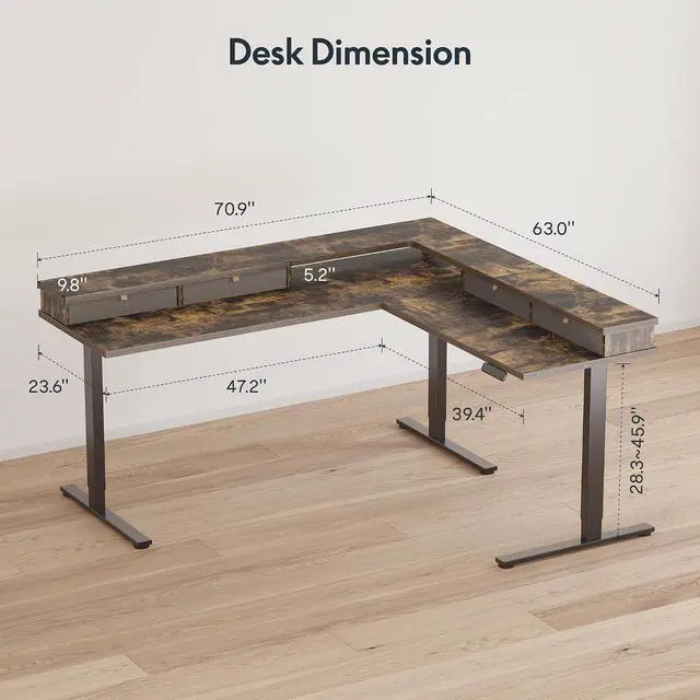 Alt view image 3 of 7 - 71" L Shaped Standing Desk with 4 Drawers, Height Adjustable Stand up Desk, Corner Gaming Desk with Monitor Stand, Black Frame/Rustic Brown Top