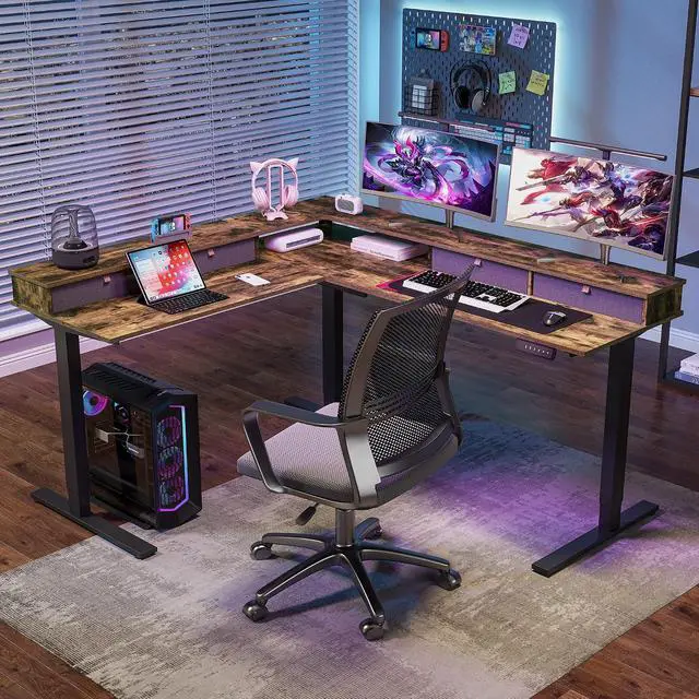 Alt view image 2 of 7 - 71" L Shaped Standing Desk with 4 Drawers, Height Adjustable Stand up Desk, Corner Gaming Desk with Monitor Stand, Black Frame/Rustic Brown Top