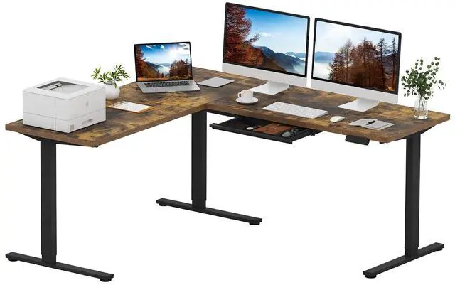 Main image of L Shaped Electric Standing Desk with Drawer, 71 Inch Ergonomic Adjustable Height Desk with Storage, Corner Desk Sit Stand up Computer Table for Work Office Home, Rustic Brown