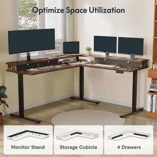 Alt view image 7 of 7 - 71" L Shaped Standing Desk with 4 Drawers, Height Adjustable Stand up Desk, Corner Gaming Desk with Monitor Stand, Black Frame/Rustic Brown Top