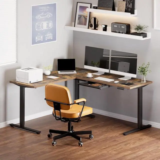 Alt view image 2 of 7 - L Shaped Electric Standing Desk with Drawer, 71 Inch Ergonomic Adjustable Height Desk with Storage, Corner Desk Sit Stand up Computer Table for Work Office Home, Rustic Brown