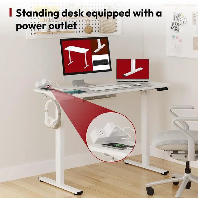 Alt view image 3 of 7 - Electric Standing Desk with Desk Clamp Power Strip 48"x 24" Whole-Piece Desktop Height Adjustable Stand Up Desk with Cable Management Sit Stand Home Office Desk White Frame/White Top