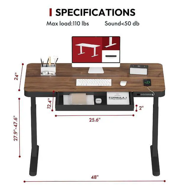 Alt view image 3 of 7 - Standing Desk with Drawer, Electric Height Adjustable Home Office Desk with Storage & USB Ports, 48 inch Black Walnut Wood Tabletop/Black Frame