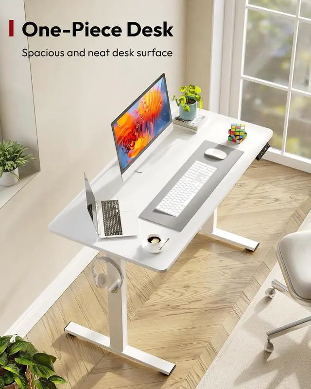 Alt view image 2 of 7 - One-Piece Electric Standing Desk, Seamless 40 x 24'' Ergonomic Height Adjustable Sit Stand Desk with Memory Presets for Home Office Computer Workstation, White Frame/White Top