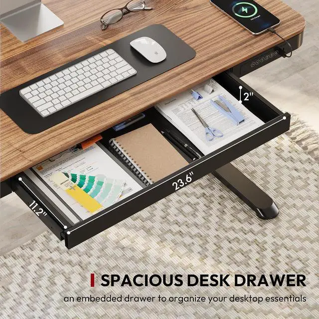 Alt view image 4 of 7 - Standing Desk with Drawer, Electric Height Adjustable Home Office Desk with Storage & USB Ports, 48 inch Black Walnut Wood Tabletop/Black Frame