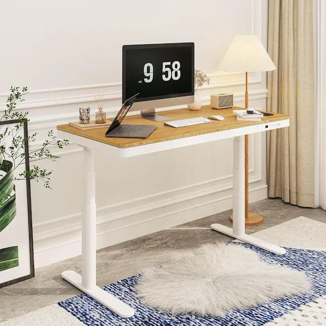 Alt view image 2 of 7 - Standing Desk with Drawer,Dual Motor 3 Stage Electric Height Adjustable Home Office Desk with Storage & Wireless Charging, 55 inch Bamboo Tabletop/White Frame