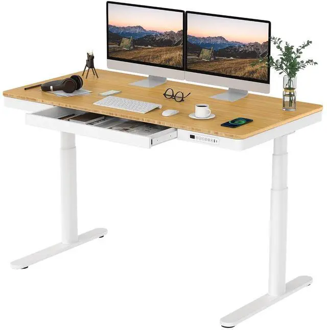 Main image of Standing Desk with Drawer,Dual Motor 3 Stage Electric Height Adjustable Home Office Desk with Storage & Wireless Charging, 55 inch Bamboo Tabletop/White Frame