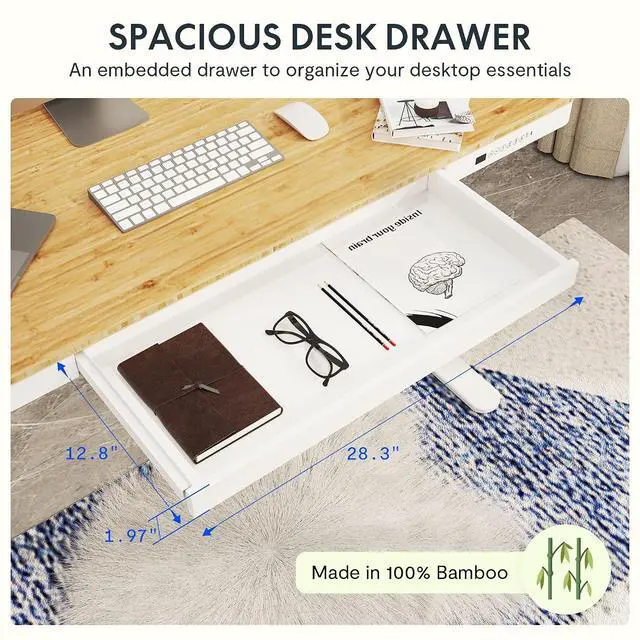 Alt view image 3 of 7 - Standing Desk with Drawer,Dual Motor 3 Stage Electric Height Adjustable Home Office Desk with Storage & Wireless Charging, 55 inch Bamboo Tabletop/White Frame