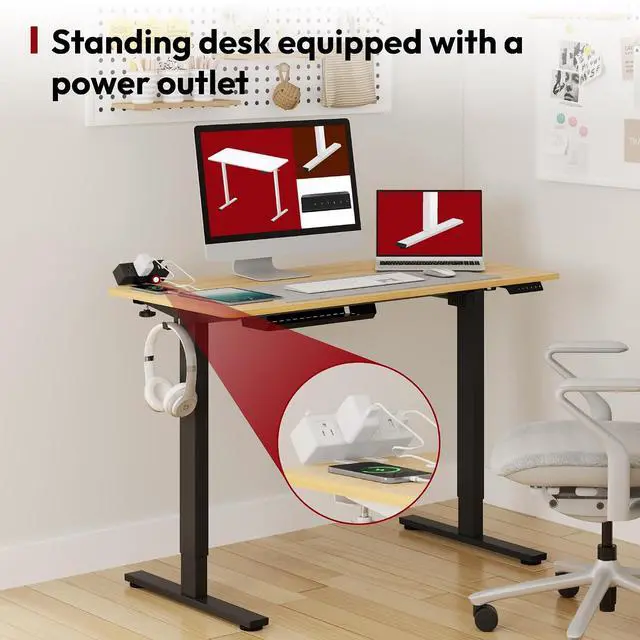 Alt view image 5 of 7 - Electric Standing Desk with Desk Clamp Power Strip 40"x 24" Whole-Piece Desktop Height Adjustable Stand Up Desk with Cable Management Sit Stand Home Office Desk Black Frame/Maple Top