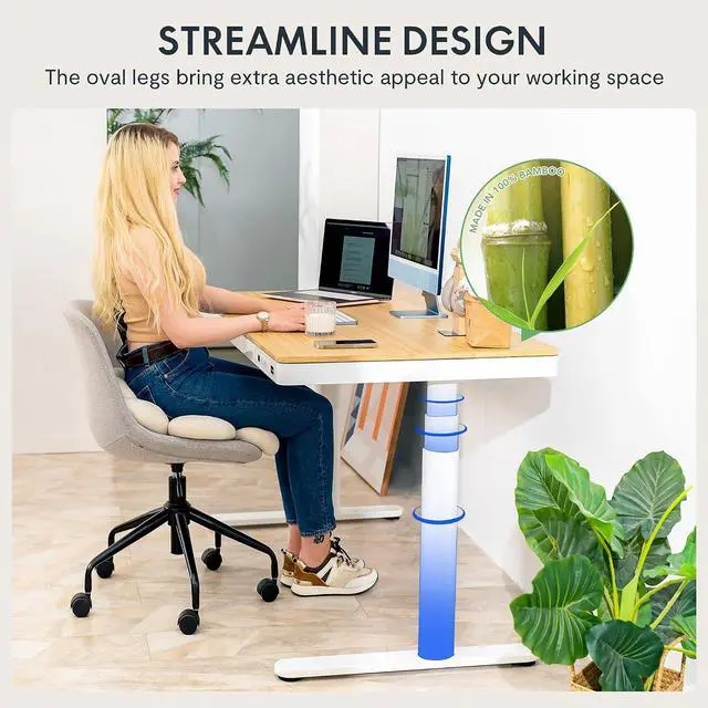 Alt view image 7 of 7 - Standing Desk with Drawer,Dual Motor 3 Stage Electric Height Adjustable Home Office Desk with Storage & Wireless Charging, 55 inch Bamboo Tabletop/White Frame