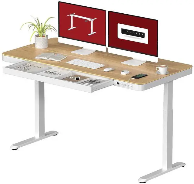 Main image of Standing Desk with Drawer, Electric Height Adjustable Home Office Desk with Storage & USB Ports, 55 inch Maple Wood Tabletop/White Frame