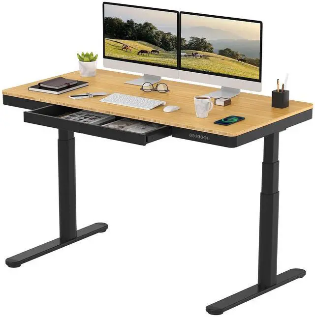 Main image of Standing Desk with Drawer,Dual Motor 3 Stage Electric Height Adjustable Home Office Desk with Storage & Wireless Charging, 55 inch Bamboo Tabletop/Black Frame