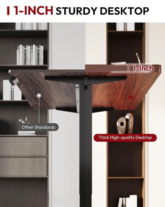 Alt view image 4 of 7 - One-Piece Electric Standing Desk, Seamless 60 x 24'' Ergonomic Height Adjustable Sit Stand Desk with Memory Presets for Home Office Computer Workstation, Black Frame/Mahogany Top